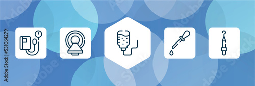 dentist outline icon set isolated on blue abstract background. thin line icons such as sphygmomanometer, magnetic resonance, iv bag, ear dropper, periodontal scaler vector. can be used for web and