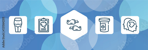mental health outline icon set isolated on blue abstract background. thin line icons such as belly, mental checklist, mice, antidepressants, psychologist vector. can be used for web and mobile.