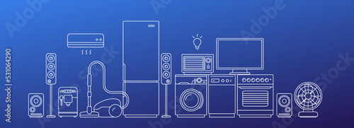 Vector illustration of different appliance on blue background. White line art style appliance collection design with vacuum cleaner, washing machine, refrigerator