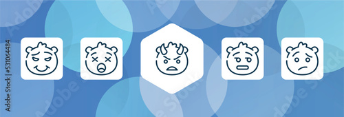 emoji outline icon set isolated on blue abstract background. thin line icons such as proud emoji, frowning with open mouth emoji, angry with horns dissapointment confused vector. can be used for web