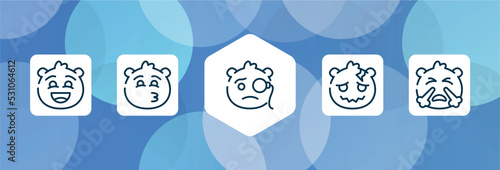 collection. outline outline icon set isolated on blue abstract background. thin line icons such as excited emoji, kissing with smiling eyes emoji, monocle emoji, headache with steam from e vector.