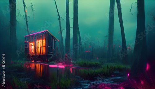 Camper travel trailer neon lit in the middle of the woods