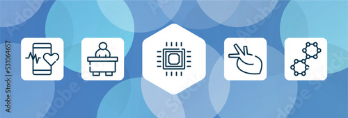 biochemistry outline icon set isolated on blue abstract background. thin line icons such as medical app, librarian, microprocessor, organ, nano technology vector. can be used for web and mobile.