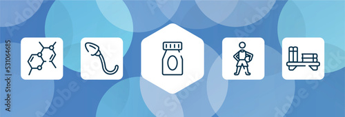academy outline icon set isolated on blue abstract background. thin line icons such as chemical bond, spermatozoon, medication, basketball player, bookshelf vector. can be used for web and mobile.