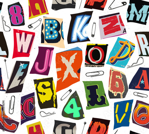 Colorful seamless vector pattern alphabet letters and numbers clippings in typographic composition with pins and clips in the style of grunge,punk and ransom color design.