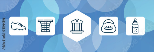 kindergarten outline icon set isolated on blue abstract background. thin line icons such as football boots, basketball gear, pillars, beanbag, feeder vector. can be used for web and mobile.