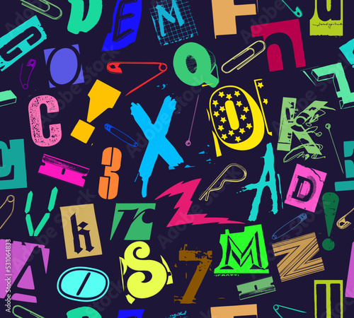 Colorful seamless vector pattern alphabet letters clippings in typographic composition with pins and clips in the style of grunge, punk and ransom color design on dark black background.