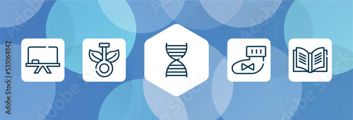 high school outline icon set isolated on blue abstract background. thin line icons such as chalkboard, chlorophyll, dna structure, booties, yearbook vector. can be used for web and mobile.