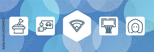 science outline icon set isolated on blue abstract background. thin line icons such as sandbox, driving lessons, baseball field, basketball equipment, newton vector. can be used for web and mobile.