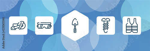 construction elements outline icon set isolated on blue abstract background. thin line icons such as big saw, protection glasses, garden trowel, bolts, reflective vest vector. can be used for web