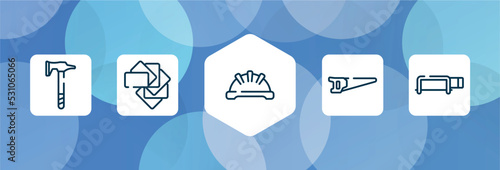 tools and hinery outline icon set isolated on blue abstract background. thin line icons such as battle axe, color pack, iron helmet, metal saw, hacksaw with handle vector. can be used for web and
