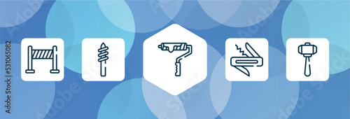 tools and hinery outline icon set isolated on blue abstract background. thin line icons such as road panel, drill tip, brush for painting, jackknife, big hammer vector. can be used for web and