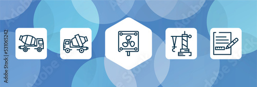 constructicons outline icon set isolated on blue abstract background. thin line icons such as concrete truck, cement truck, vent, derrick facing right, measures plan vector. can be used for web and