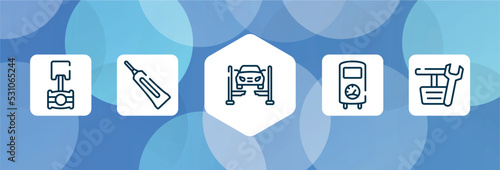 car repair outline icon set isolated on blue abstract background. thin line icons such as piston, caulk, car lift, boiler, pedals vector. can be used for web and mobile.