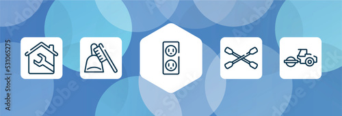 construction outline icon set isolated on blue abstract background. thin line icons such as house, dustpan and brush, electric socket, lug wrench, steamroller vector. can be used for web and mobile.