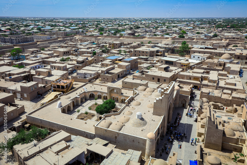 Panoramic View to the encircled by brick walls Inner Old Town, or Itchan Kala, in Khiva, Uzbekistan