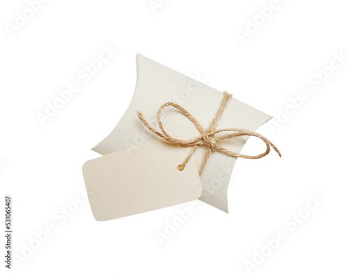 White Christmas kraft paper gift box with tag label isolated png object