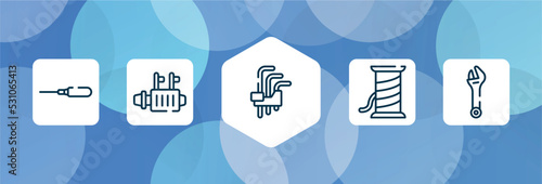 construction tool outline icon set isolated on blue abstract background. thin line icons such as autoloader, starter, hex key, copper wire, spanner vector. can be used for web and mobile.