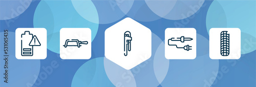 work tools outline icon set isolated on blue abstract background. thin line icons such as empty battery, fretsaw, hand tool, soldering iron, tiremarks vector. can be used for web and mobile.
