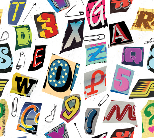 Colorful seamless vector pattern alphabet letters and numbers clippings in typographic composition with pins and clips in the style of grunge,punk and ransom color design.