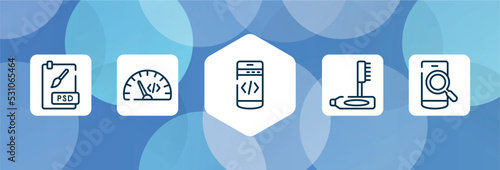 responsive web outline icon set isolated on blue abstract background. thin line icons such as psd file, code rate, mobile programming, teeth cleaning, phone search vector. can be used for web and