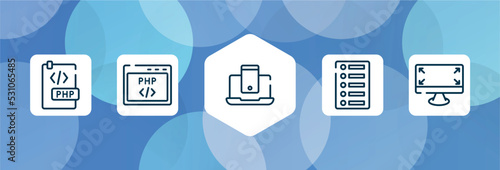 responsive web outline icon set isolated on blue abstract background. thin line icons such as php document, php code, smartphone and laptop, list of options, expand corners vector. can be used for