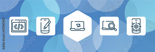 responsive web outline icon set isolated on blue abstract background. thin line icons such as css code, edit smartphone, laptop with arrow, computer search, focus tool vector. can be used for web