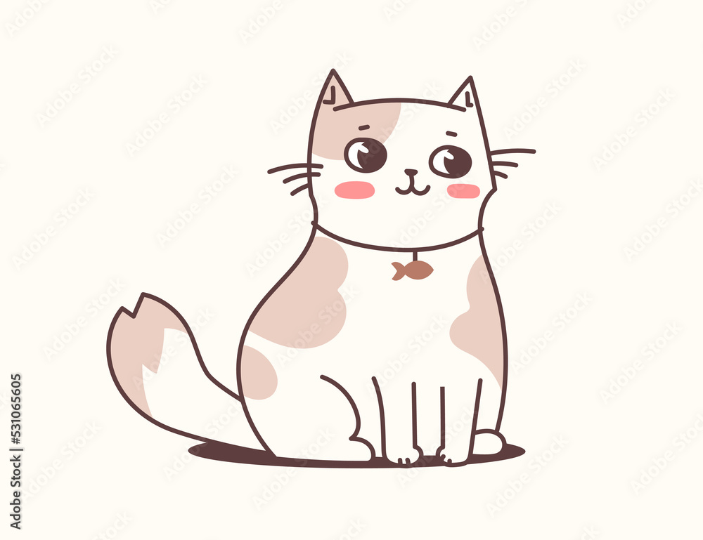 Vector illustration of happy cute cat character in collar with fish on light color background. Flat line art style design of sitting animal cat Vector illustration of happy cute cat character in collar with fish on light color background. Flat line art style design of sitting animal cat