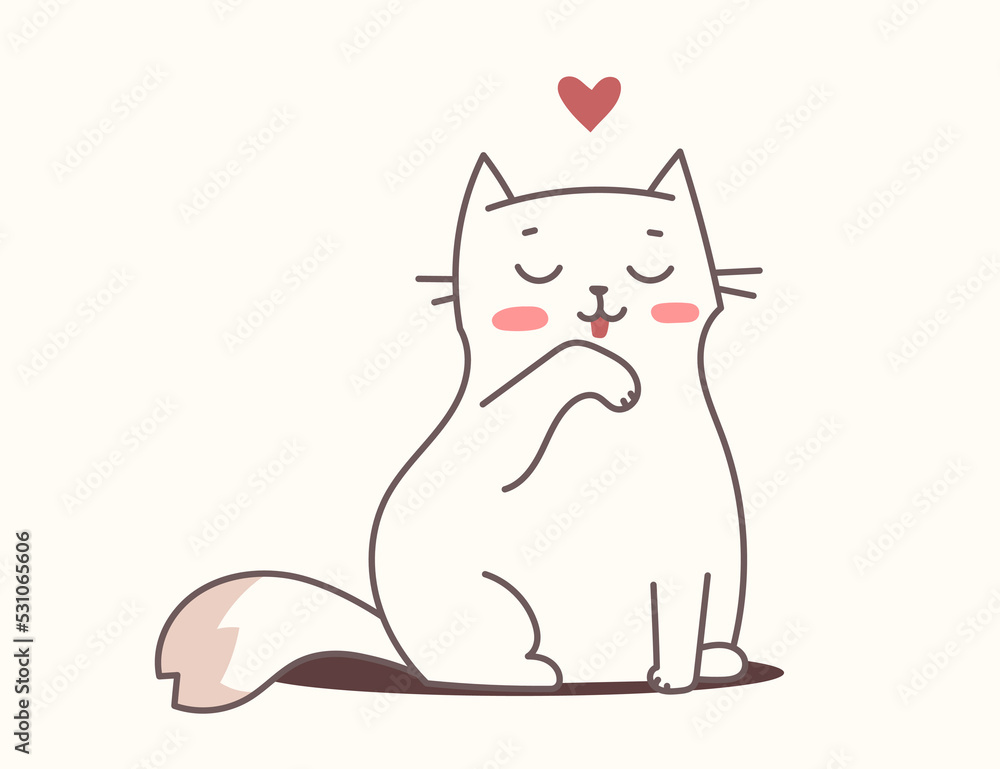 Vector illustration of happy cat character on light color background. Flat line art style romantic design of sitting and cleaning cute animal cat Vector illustration of happy cat character on light color background. Flat line art style romantic design of sitting and cleaning cute animal cat