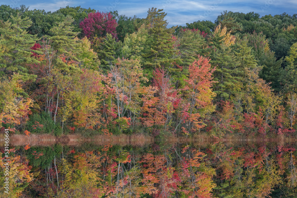 Autumn landscape of the shoreline of Long Lake with mirrored reflections in calm water, Yankee Springs State Park, Michigan, USA Autumn landscape of the shoreline of Long Lake with mirrored reflections in calm water, Yankee Springs State Park, Michigan, USA
