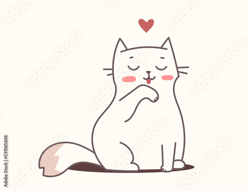 Vector illustration of happy cat character on light color background. Flat line art style romantic design of sitting and cleaning cute animal cat