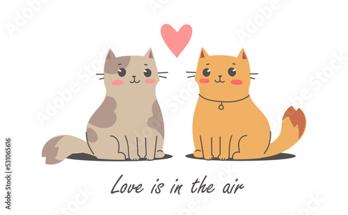 Vector illustration of happy enamored cat character together on white color background. Flat line art style romantic design of sitting cute animal cat with heart