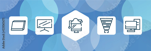 collection. outline outline icon set isolated on blue abstract background. thin line icons such as tablet screen in perspective, flatscreen tv, data transference by internet, funnel chart, server