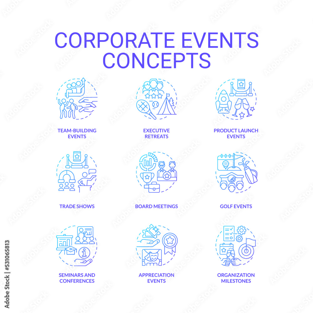 Corporate events blue gradient concept icons set. Business culture and communication idea thin line color illustrations. Isolated symbols. Roboto-Medium, Myriad Pro-Bold fonts used