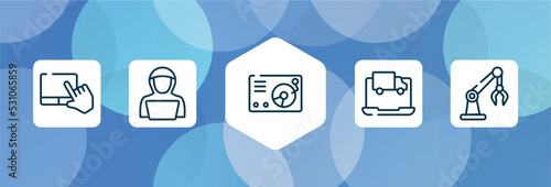 ai for earth outline icon set isolated on blue abstract background. thin line icons such as touchpad, hack, lp player, on, robotic arm vector. can be used for web and mobile.