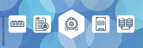 network architecture outline icon set isolated on blue abstract background. thin line icons such as ram memory, corrupt file, robot vacuum cleaner, solid state drive, database storage vector. can be