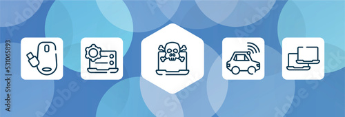 network architecture outline icon set isolated on blue abstract background. thin line icons such as wireless mouse, preferences, attack, autonomous car, laptops vector. can be used for web and