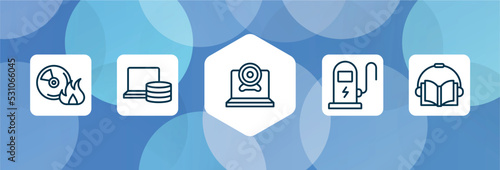 online learning outline icon set isolated on blue abstract background. thin line icons such as burn cd, computer storage, webcamera, electric station, audiobook vector. can be used for web and