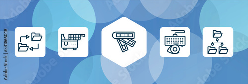 data organization outline icon set isolated on blue abstract background. thin line icons such as data synchronization, electric fryer, color scheme, keylogger, file system vector. can be used for