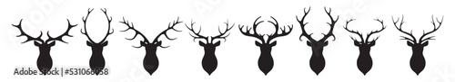 Head of deer silhouettes vector. Deer antlers vector set. Silhouette of the horns of a wild elk, roe deer on a white background.