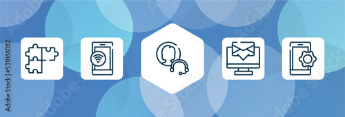 support outline icon set isolated on blue abstract background. thin line icons such as solving problems, wifi on phone, null, computer screen with message, smarphone tings vector. can be used for