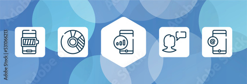 communication systems outline icon set isolated on blue abstract background. thin line icons such as battery with full charge, donut chart, mobile, monologue, mobile email vector. can be used for