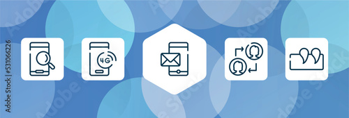 speeches outline icon set isolated on blue abstract background. thin line icons such as searching by phone, 4g technology, mobile with envelope, people connection, punctuation mark vector. can be