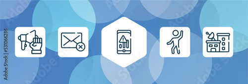 news outline icon set isolated on blue abstract background. thin line icons such as strenght, deleted, low, enjoy, station vector. can be used for web and mobile.