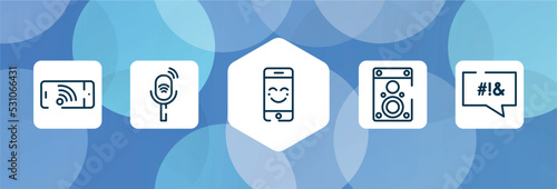 messages communication outline icon set isolated on blue abstract background. thin line icons such as cellphone with wifi, listener, smartphone with a smile, speaker box, swear vector. can be used