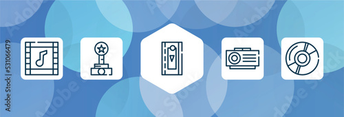 cinema outline icon set isolated on blue abstract background. thin line icons such as soundtrack, film award, video clip, slide projector, dvd vector. can be used for web and mobile.