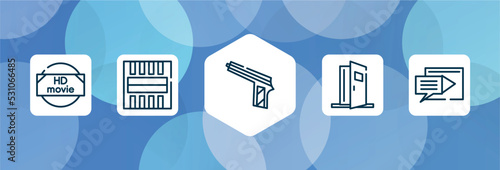 cinema outline icon set isolated on blue abstract background. thin line icons such as hd movie, freeze frame, hitman, doorway, subtitle vector. can be used for web and mobile.