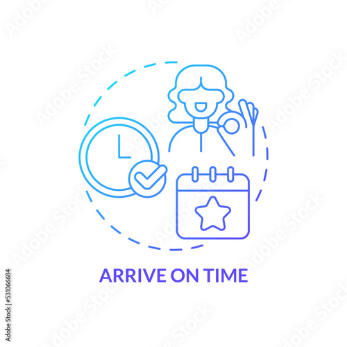 Arrive on time blue gradient concept icon. Punctuality. Common business event etiquette rule abstract idea thin line illustration. Isolated outline drawing. Myriad Pro-Bold font used