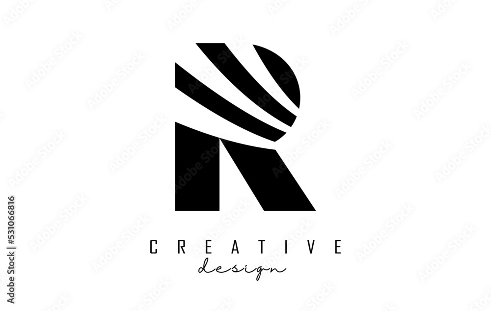Black letter R logo with leading lines and negative space design. Letter with geometric and creative cuts concept. Black letter R logo with leading lines and negative space design. Letter with geometric and creative cuts concept.