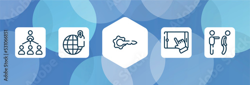 jobless outline icon set isolated on blue abstract background. thin line icons such as organization chart, trademark, keyword, touch screen, fired vector. can be used for web and mobile.